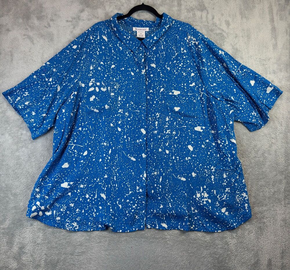 Roamans Shirt Womens 32W Blue Paint Splatter Short Sleeve Polyester Button Up
